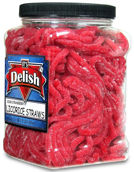 Sour Strawberry Licorice Straws by Its Delish, 2.5 lbs (40 oz) Jumbo Container Jar – Original Style Chewy Sour Strawberry Candy Ropes – Great Gifts