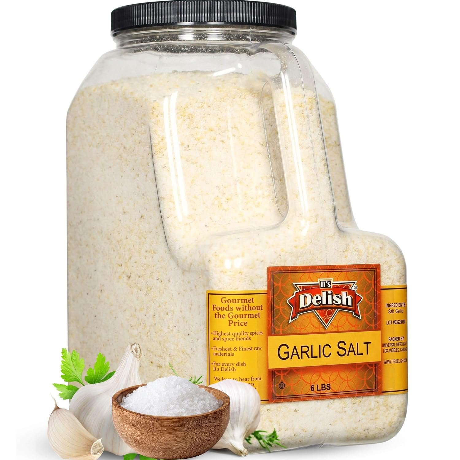 Garlic Salt by It's Delish – 6 LBS Bulk Restaurant Gallon Jug with Handle | Premium Garlic Powder & Sea Salt Blend for BBQ Rubs, Steak, Garlic Bread, Fries & Everyday Seasoning – Kosher