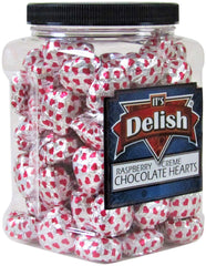 Raspberry Crème Chocolates Hearts in Silver & Red Foil 2.5 LBS Jumbo Jar