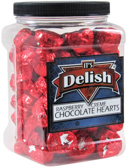 Raspberry Chocolates Hearts in Red Foil 2.5 LBS Jumbo  Jar