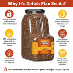 Brown Flax Seeds by It's Delish – 6 LBS Bulk Restaurant Gallon Jug with Handle | Premium Whole Flaxseed for Smoothies, Baking, Granola, Bread & Egg Replacer – All Natural, Kosher, Vegan
