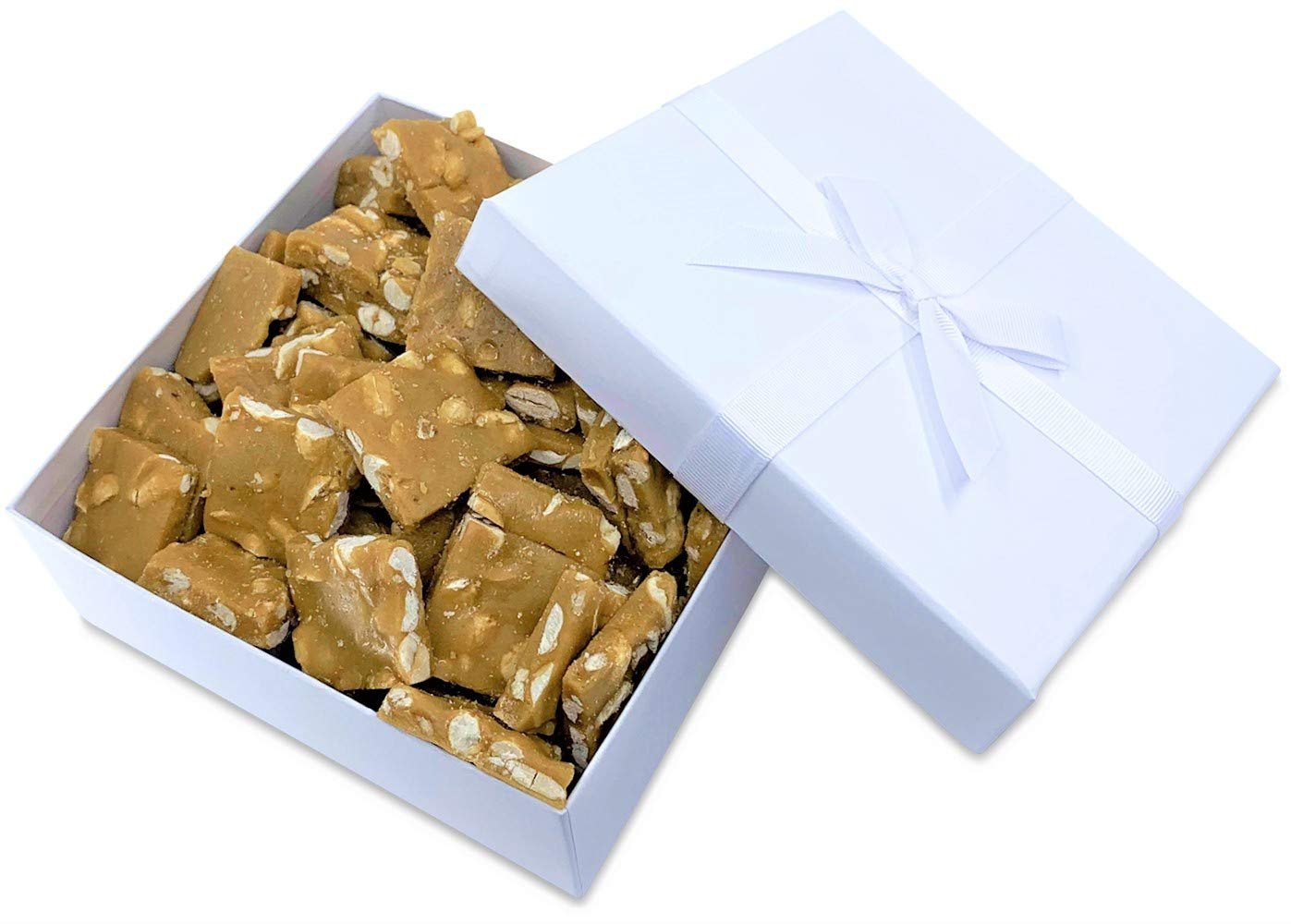 Peanut Brittle White Gift Box - Handmade Old-Fashioned Style | Beautiful & Delicious Square Cut Pieces 16 Oz | Fathers Day Birthday Anniversary Hostess Valentines Day Gift