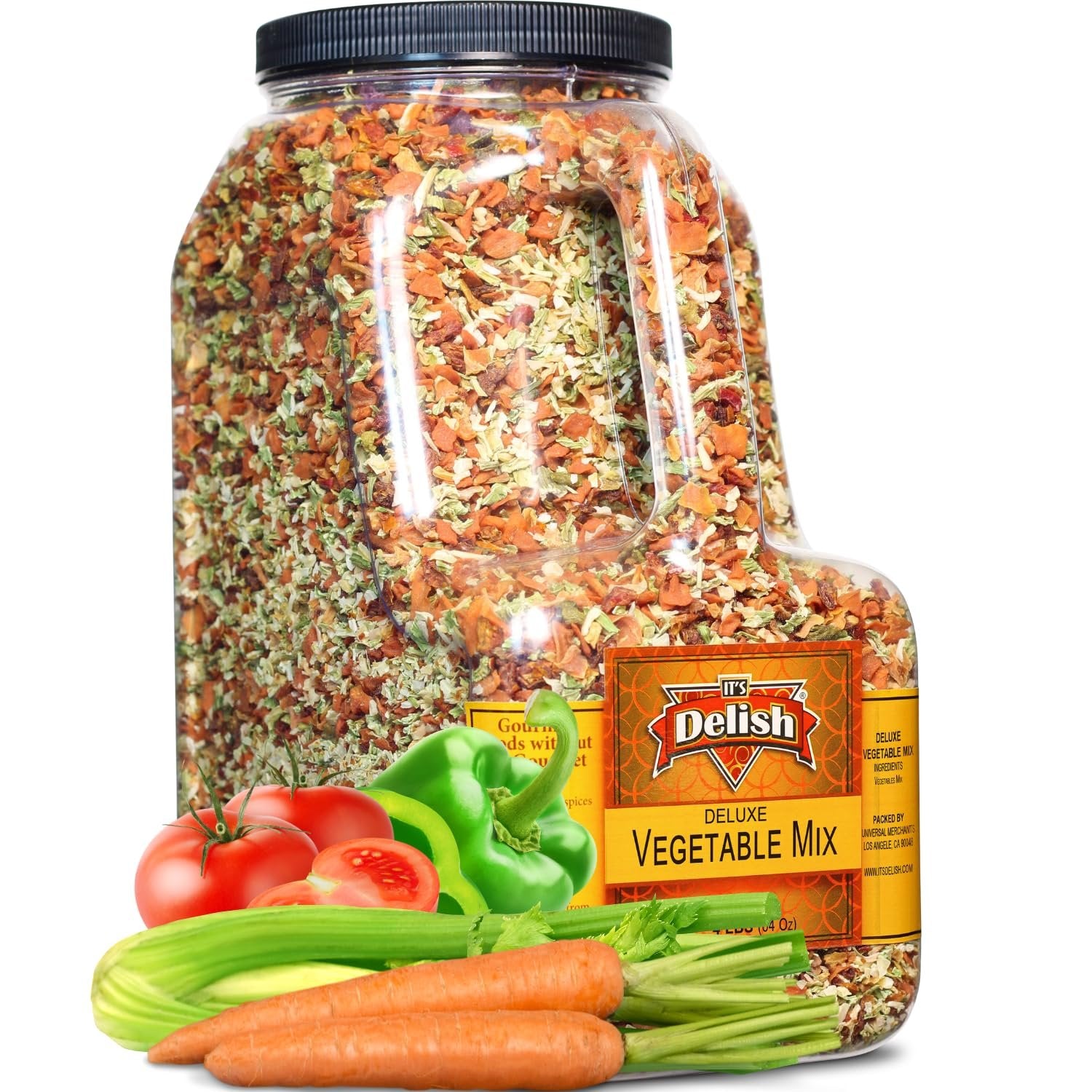 Deluxe Dried Vegetable Soup Mix by Its Delish, 4 LB Restaurant Gallon Size Jug With handle | Premium Blend of Dehydrated Vegetables | Cooking, Camping, Emergency Food Supply - No MSG, Vegan, Kosher