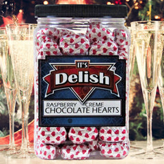 Raspberry Crème Chocolates Hearts in Silver & Red Foil 2.5 LBS Jumbo Jar