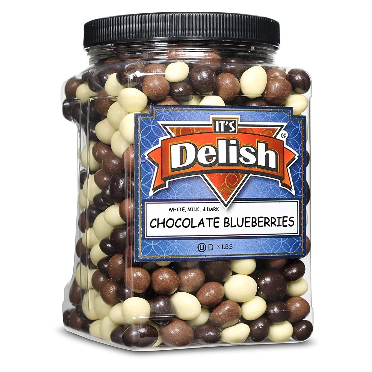 Gourmet Chocolate Blueberries Medley by Its Delish, 3 lbs Jumbo Reusable Container Jar Mix of Dark, Milk, and White Chocolate Covered Dried