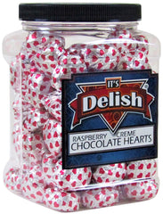 Raspberry Crème Chocolates Hearts in Silver & Red Foil 2.5 LBS Jumbo Jar
