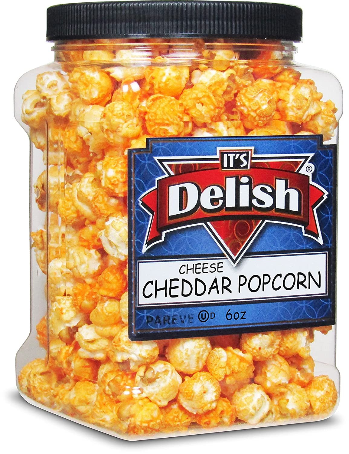 Gourmet Cheddar Cheese Popcorn by It's Delish, 6 oz Jumbo-Sized Reusable Container (Jar) Festive Caramel Corn Air Popped Sweet and Crunchy Glazed Car
