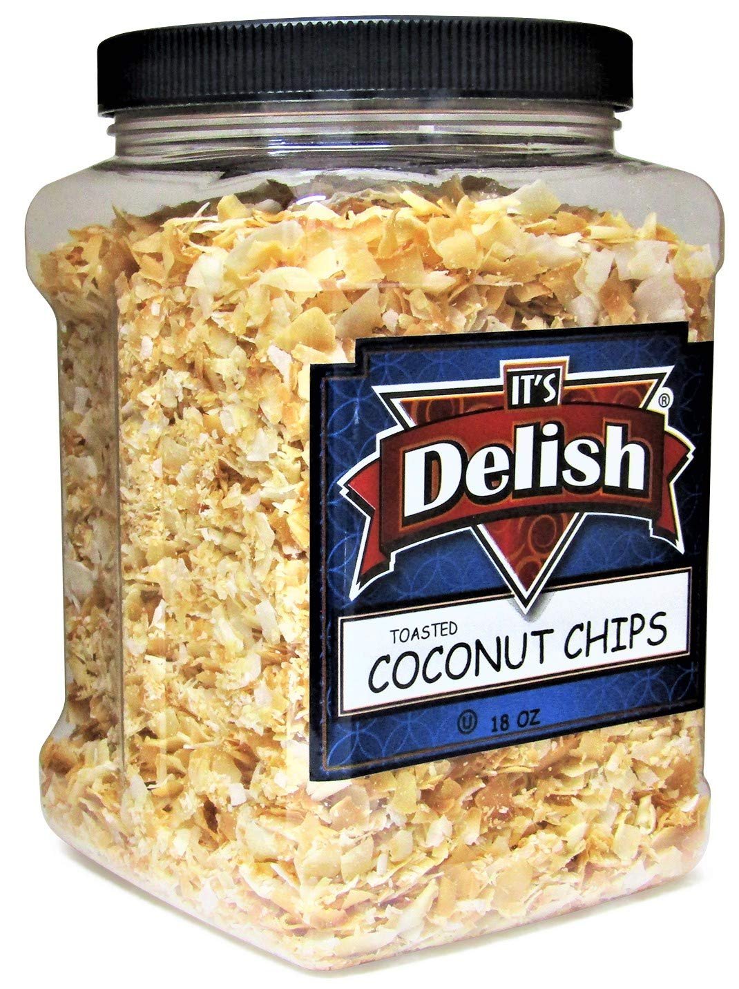 Gourmet Toasted Sweetened Coconut Chips by Its Delish – 18 oz Jumbo Reusable Container Jar – Healthy Creative Snacks Favorite Food Crunch – Great